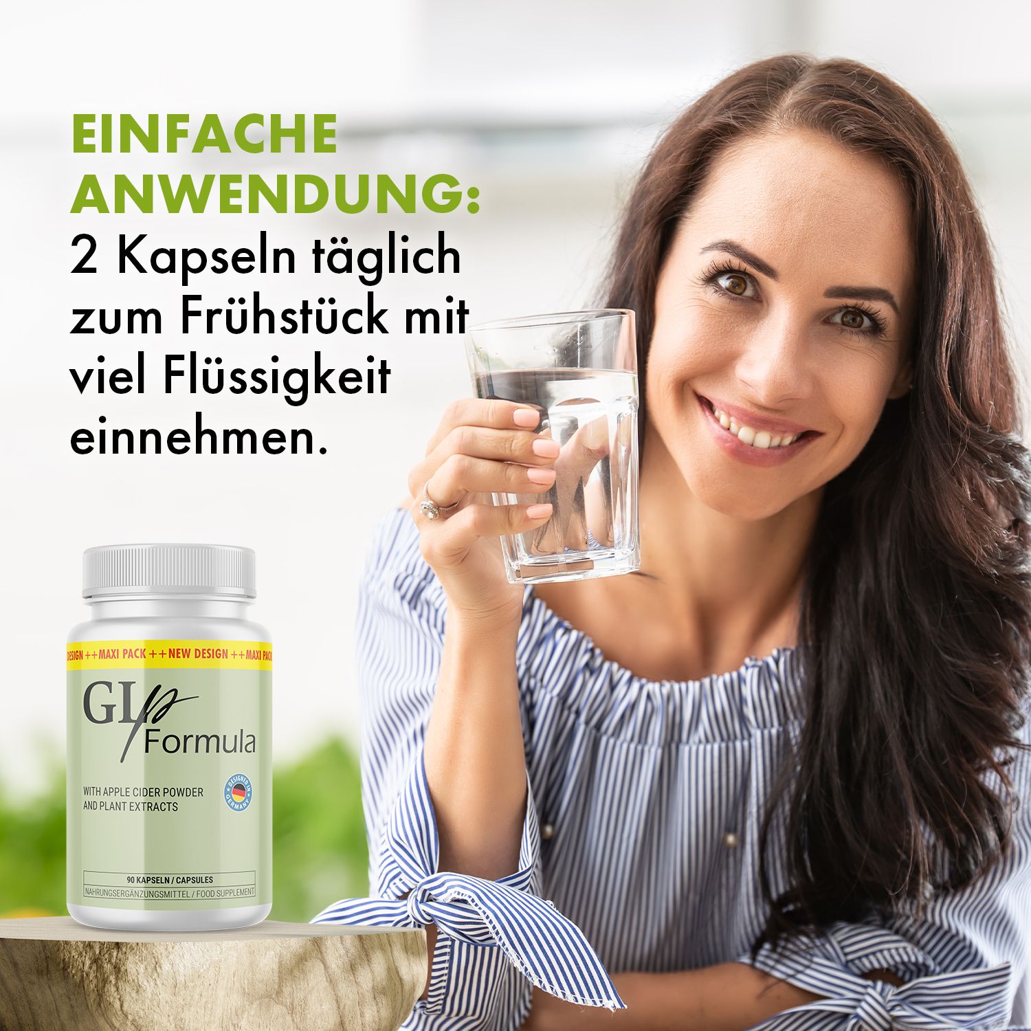 Frau hält Glas Wasser, daneben Pillenbehälter mit grüner Etikett. Aufschrift: GLp Formula, 90 Kapseln.