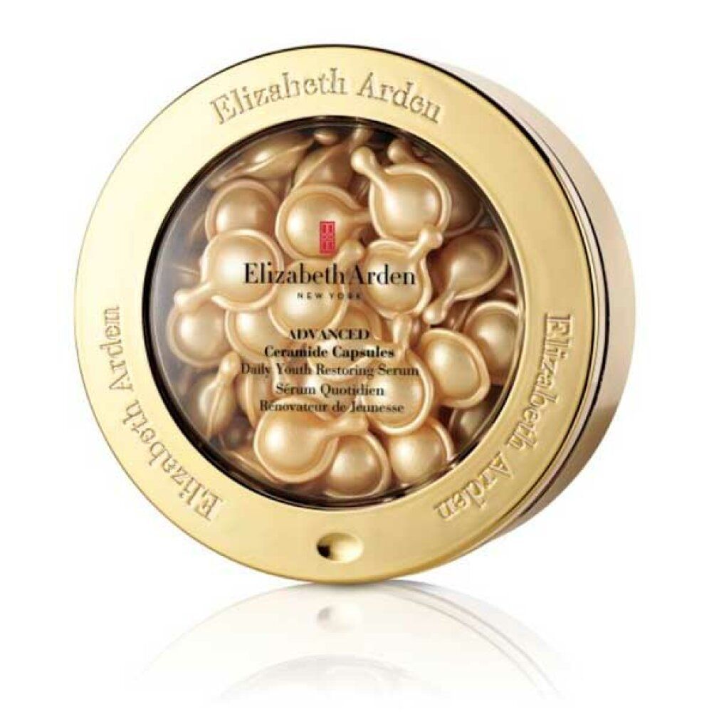 Behälter mit goldfarbenen Kapseln. Aufschrift: Elizabeth Arden, Advanced Ceramide Capsules.