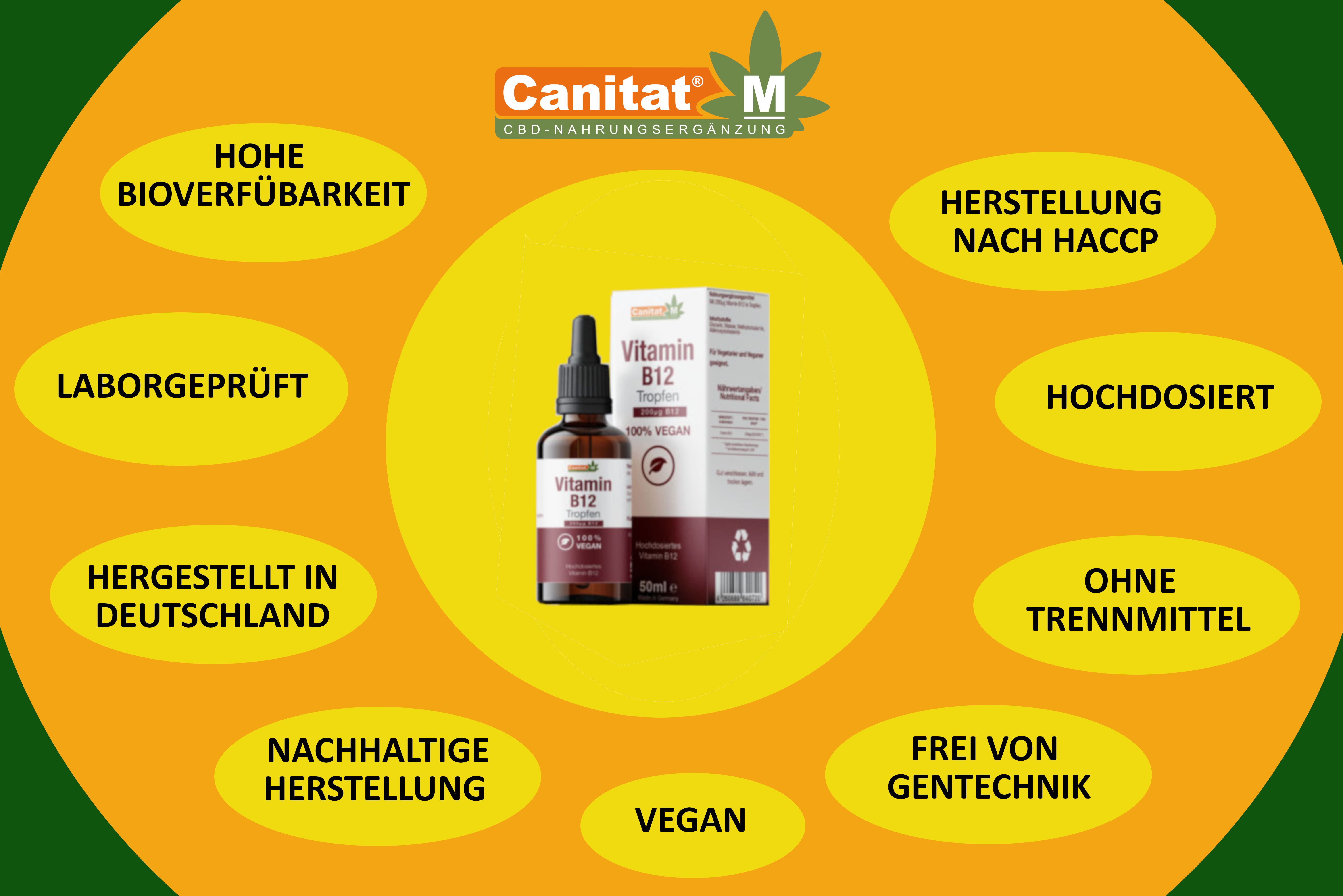 Produktflasche und Verpackung im Zentrum, umgeben von Infografik-Elementen. Logos: Canitat M, Vegan. Text: Hohe Bioverfügbarkeit, Laborgeprüft.
