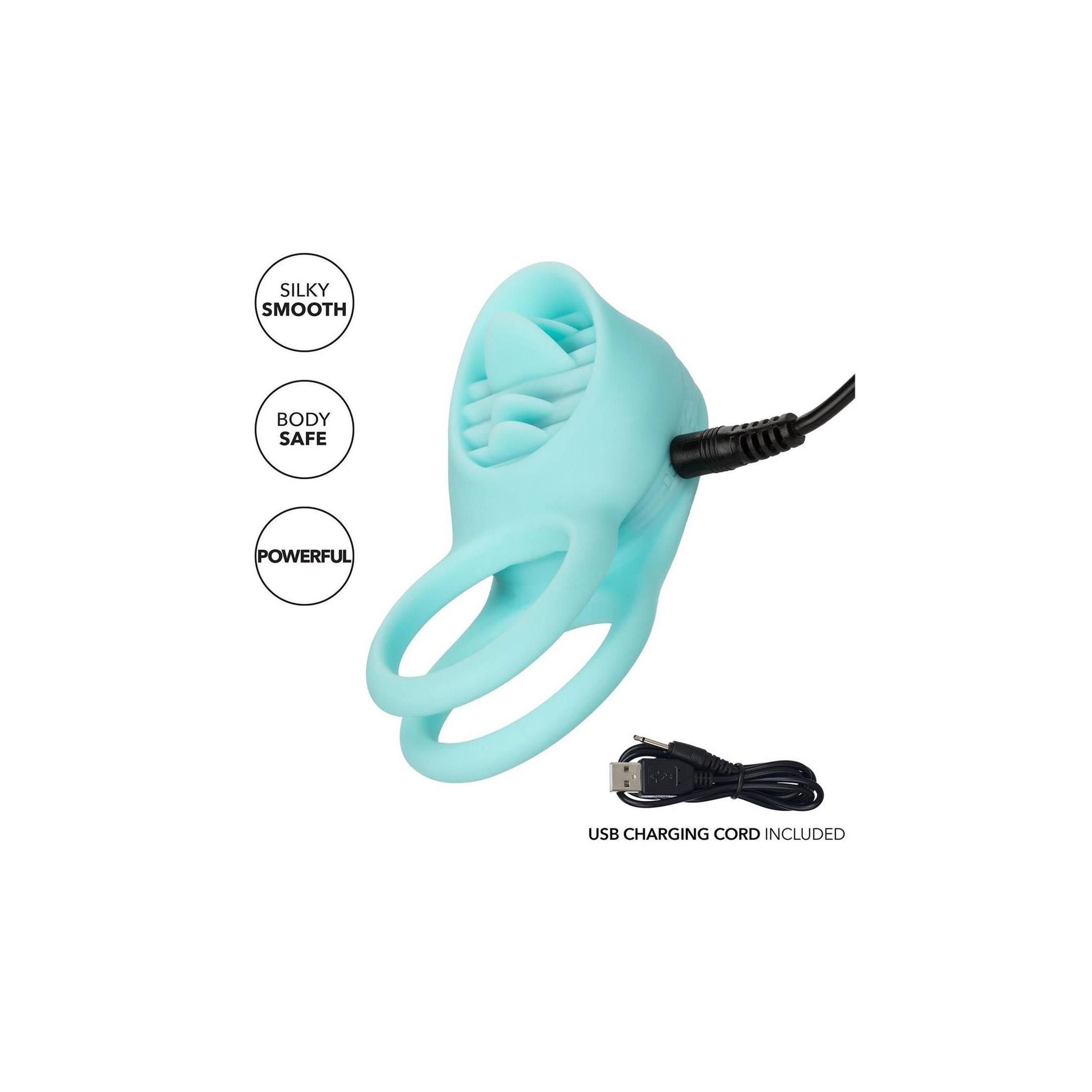 Türkisfarbener Enhancer mit zwei Ringen, USB-Ladekabel. Text: Silky Smooth, Body Safe, Powerful. Kabel inklusive.