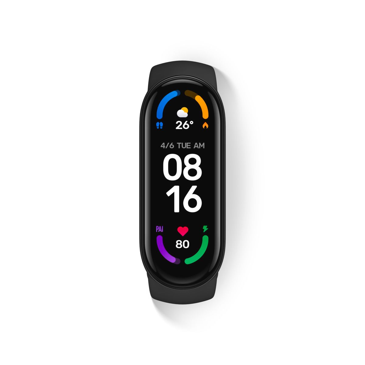 Schwarzes Fitnessarmband mit AMOLED-Farbdisplay. Zeigt Uhrzeit, Datum und Herzfrequenz an. Rechteckige Form.