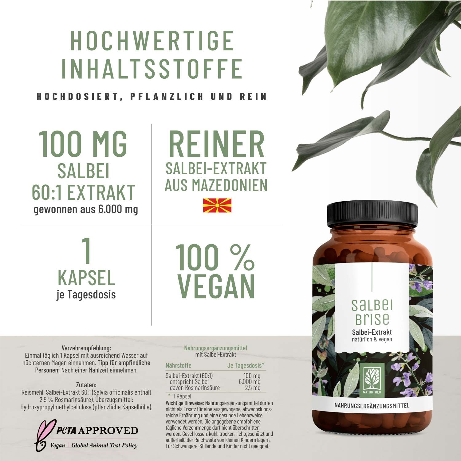 Salbei Komplex hochdosiert - 6000mg Extrakt pro Kapsel Salbeibrise Naturtreu® 39 g Kapseln