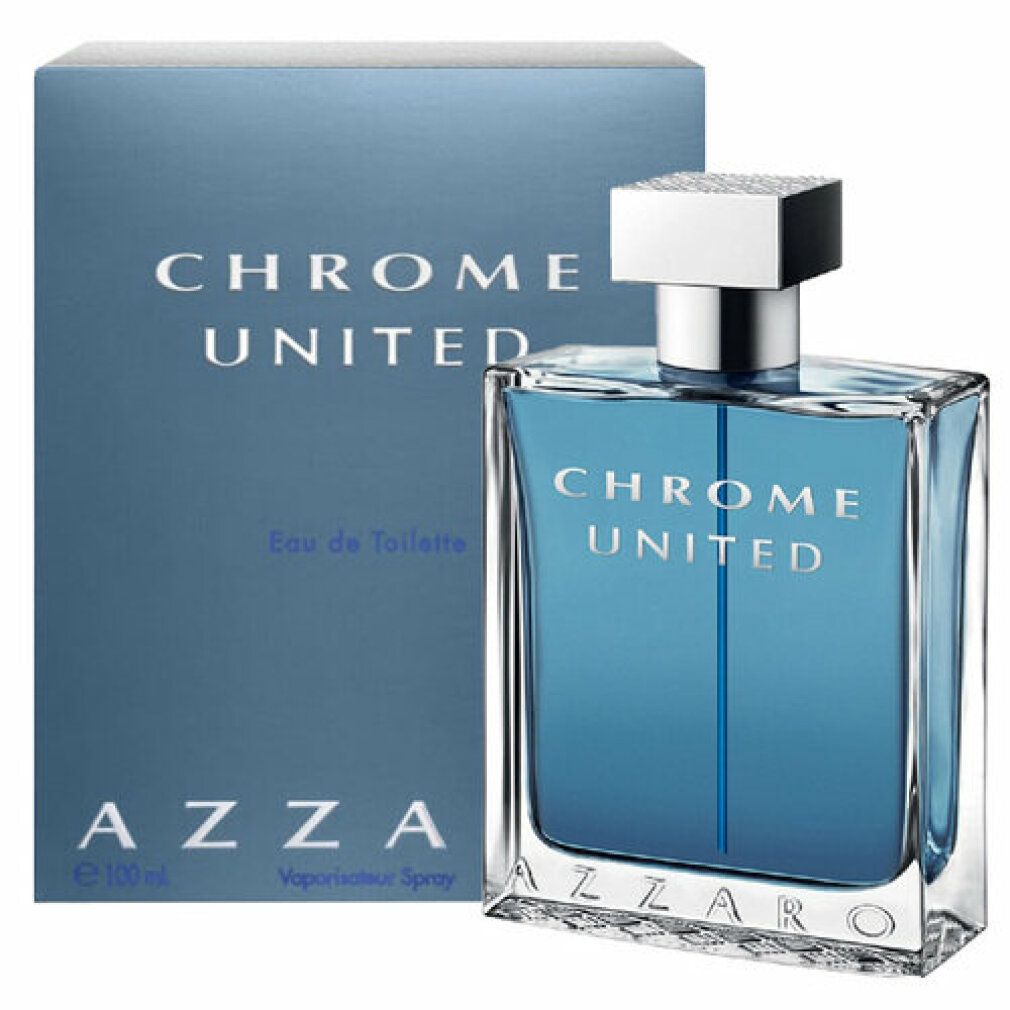 Parfümflakon und Schachtel. Aufschrift: CHROME UNITED, AZZARO. Flakon quadratisch, silberner Deckel. Schachtel blau.