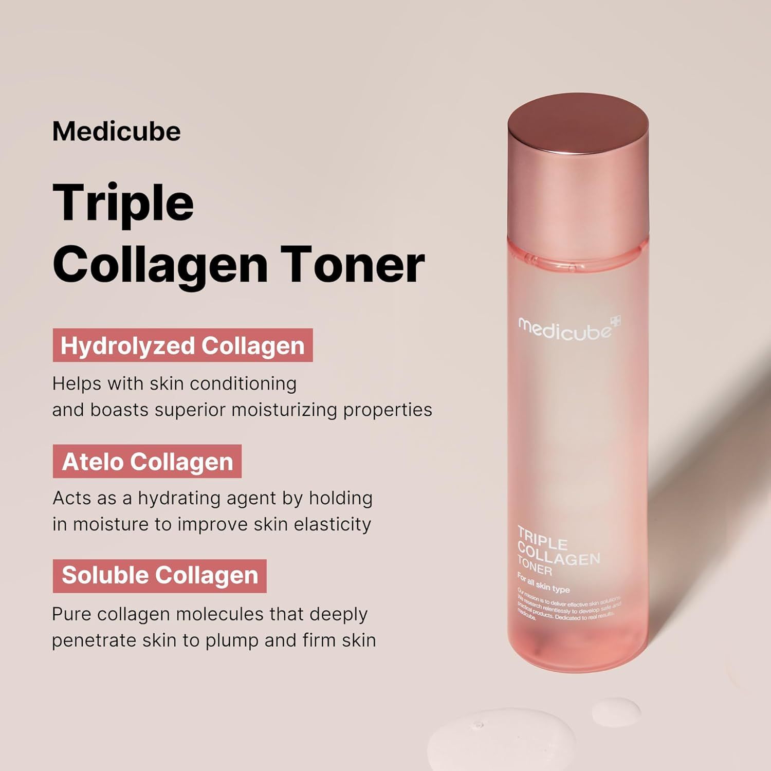 Rosa Flasche mit roségoldfarbenem Deckel. Aufschrift: Medicube, Triple Collagen Toner. Text über Inhaltsstoffe.