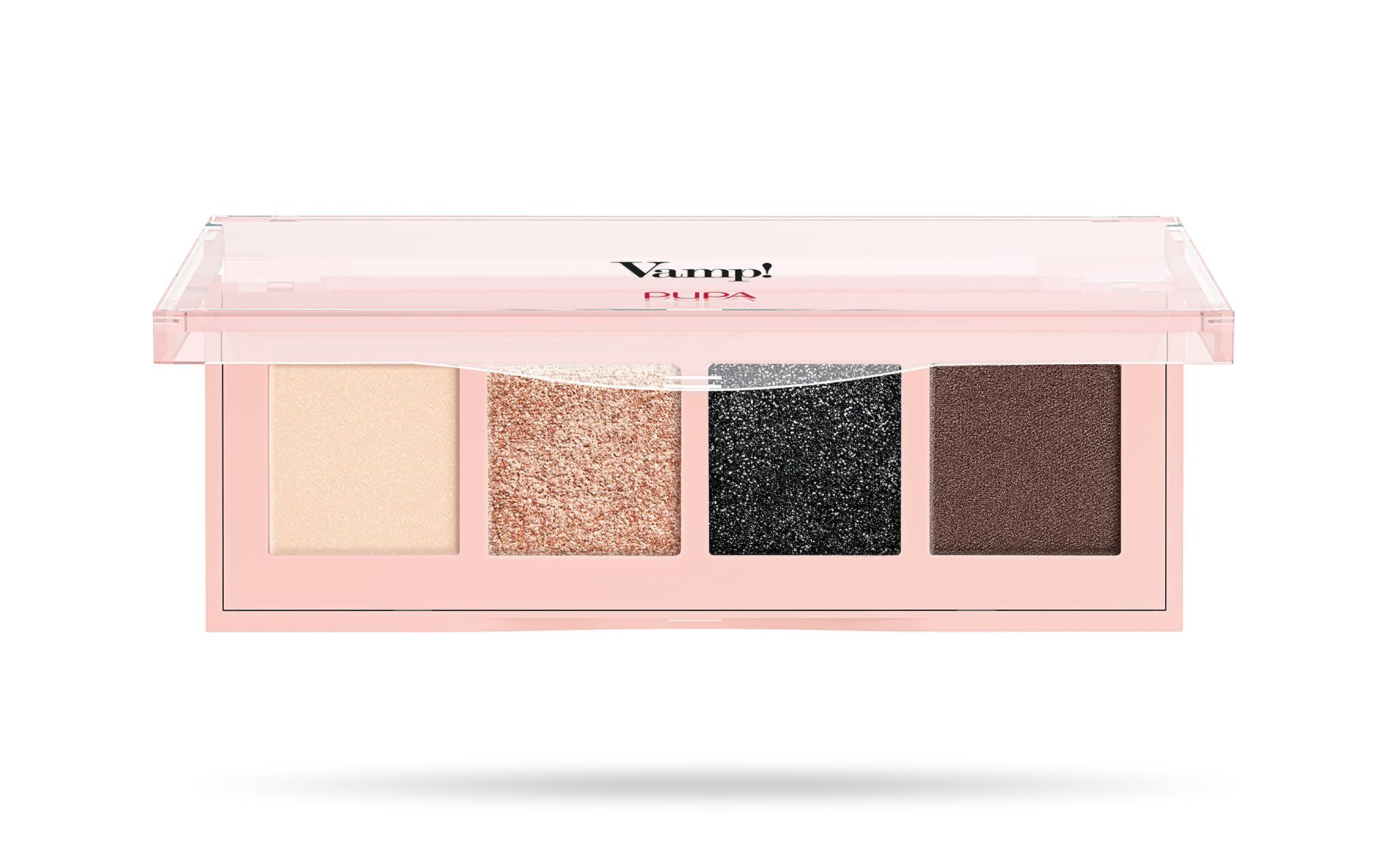 Pupa Lidschattenpalette mit vier Farben: hellbeige, glitzernd rosé, schwarz und braun.