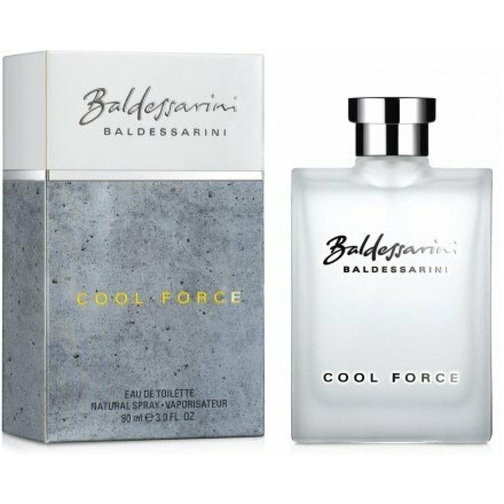 Baldessarini Cool Force Edt Spray Flakon und Verpackung. Weißes Flakon, silberner Verschluss, graue Verpackung.