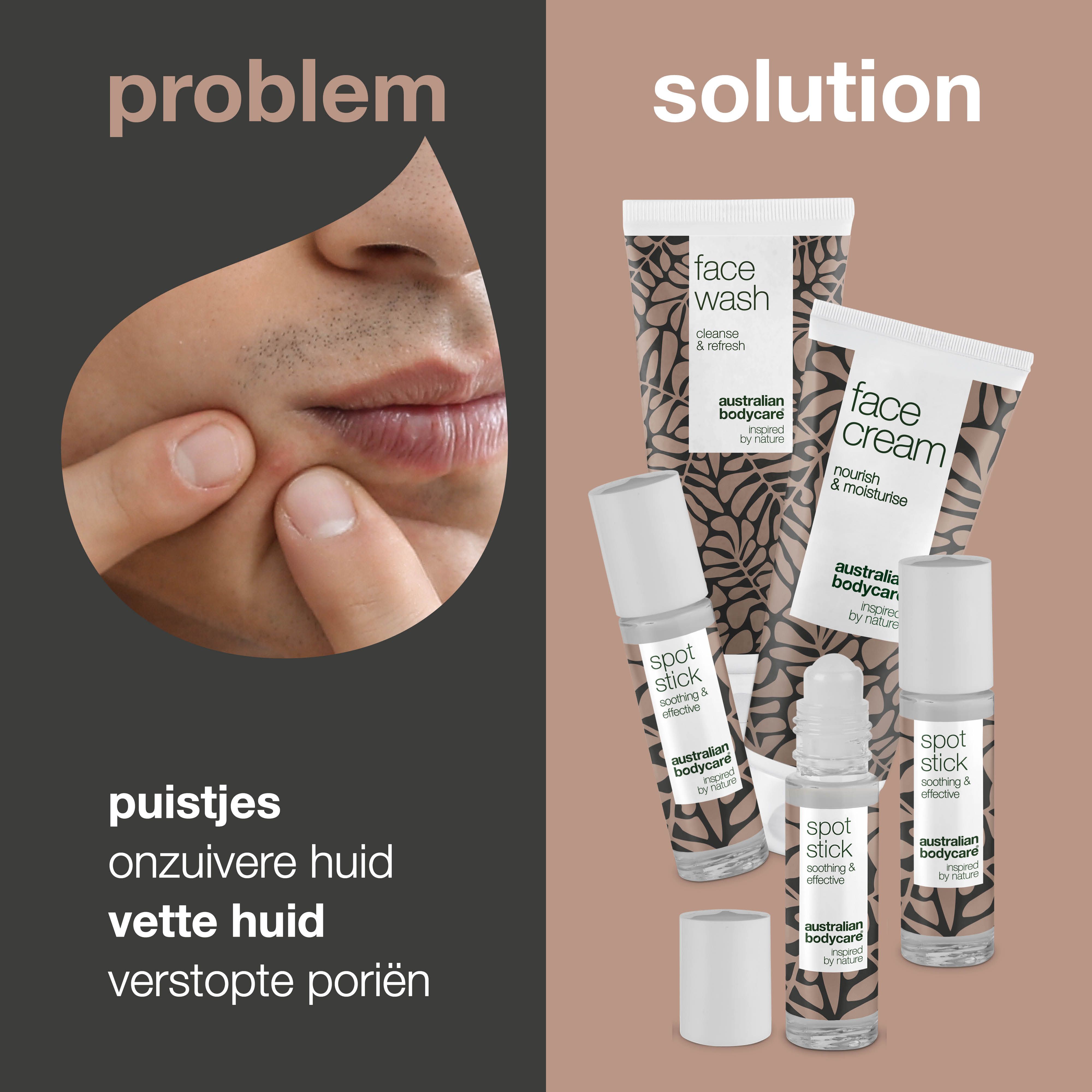 Productillustratie: probleem (puistjes) en oplossing (gezichtsverzorgingsproducten). Tekst in het Nederlands.