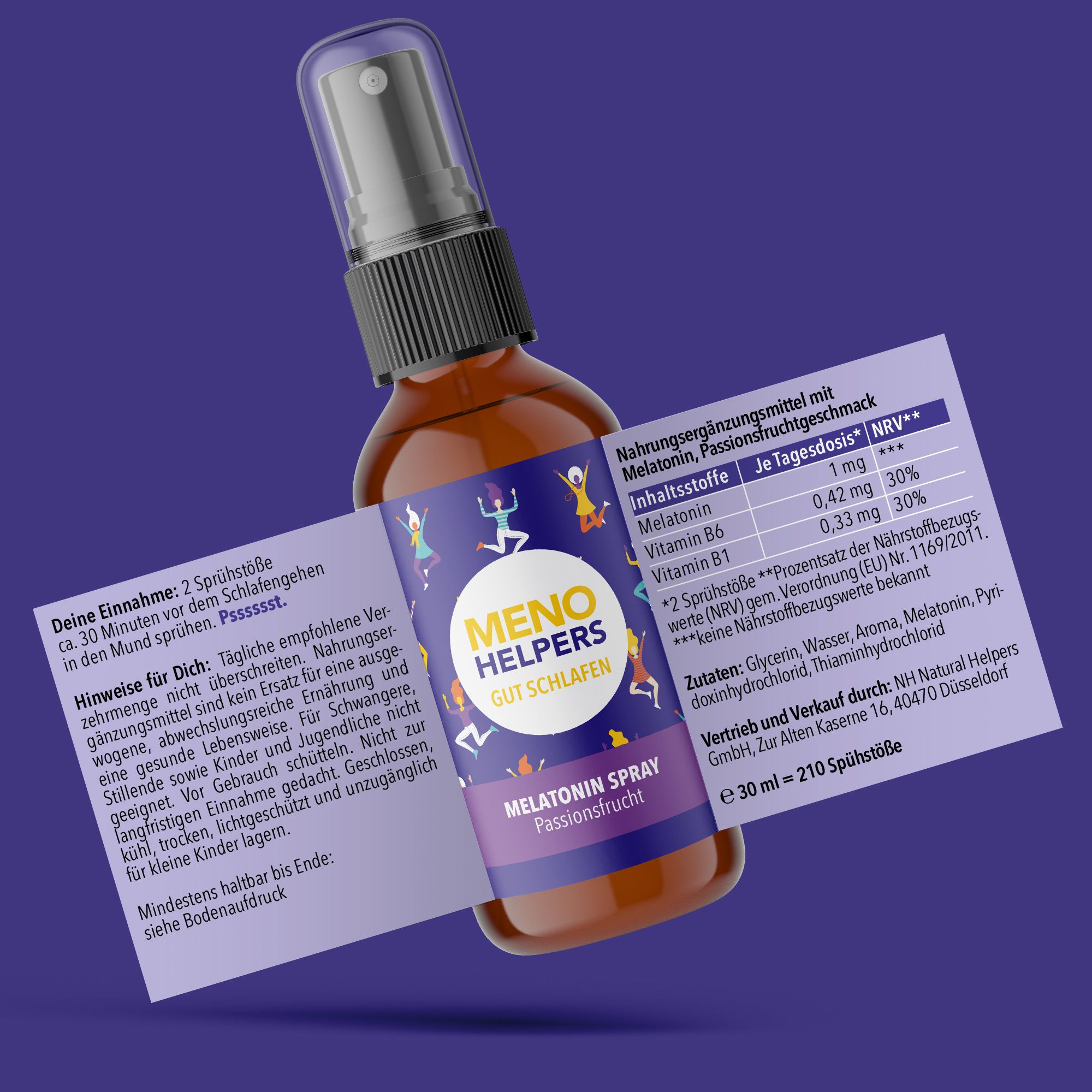 Braune Sprühflasche mit Etikett. Enthält Informationen über Inhaltsstoffe und Dosierung. Beipackzettel mit Hinweisen zur Anwendung.