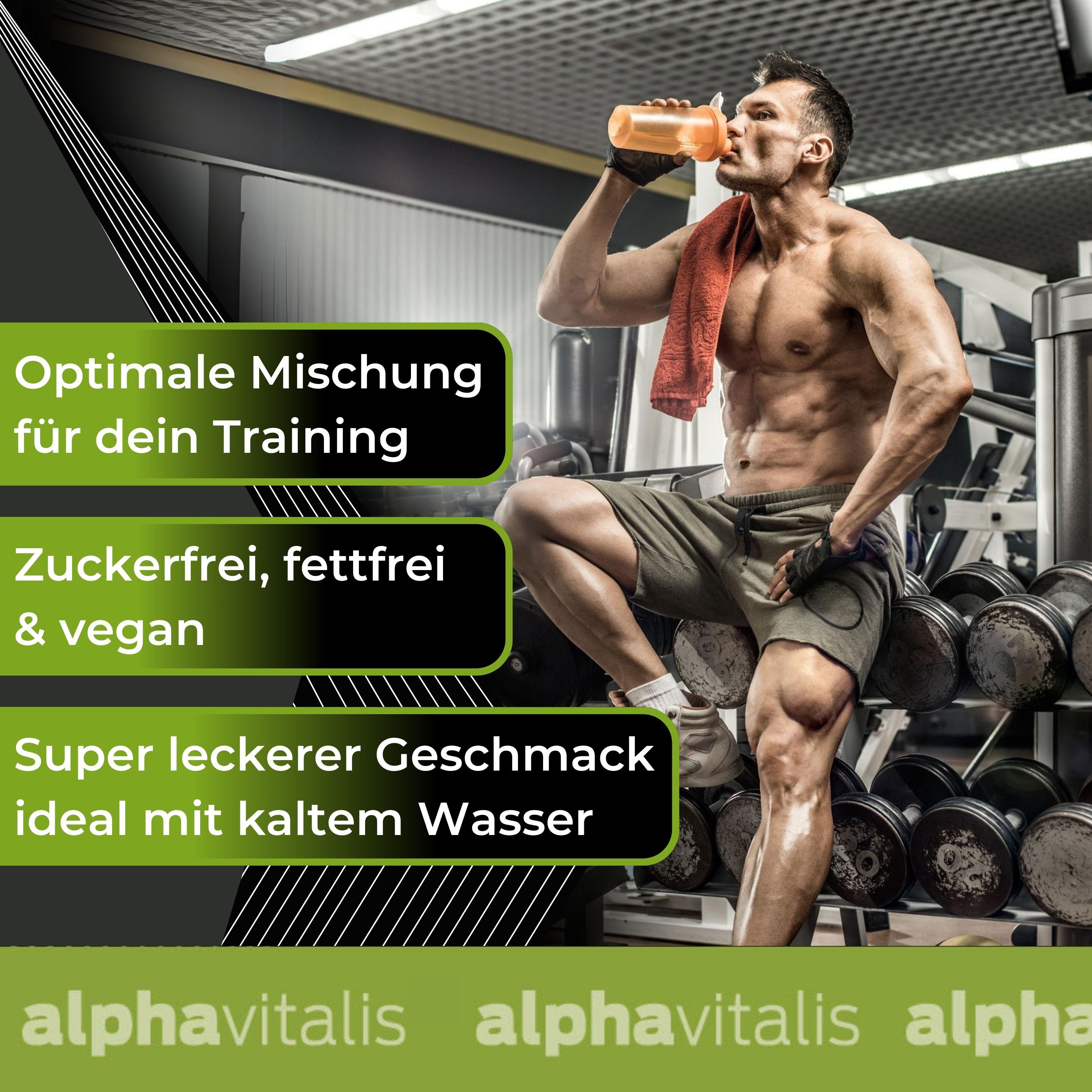 Mann trinkt Shake aus Flasche. Text: Optimale Mischung, zuckerfrei, fettfrei & vegan. Alphavitalis Logo.