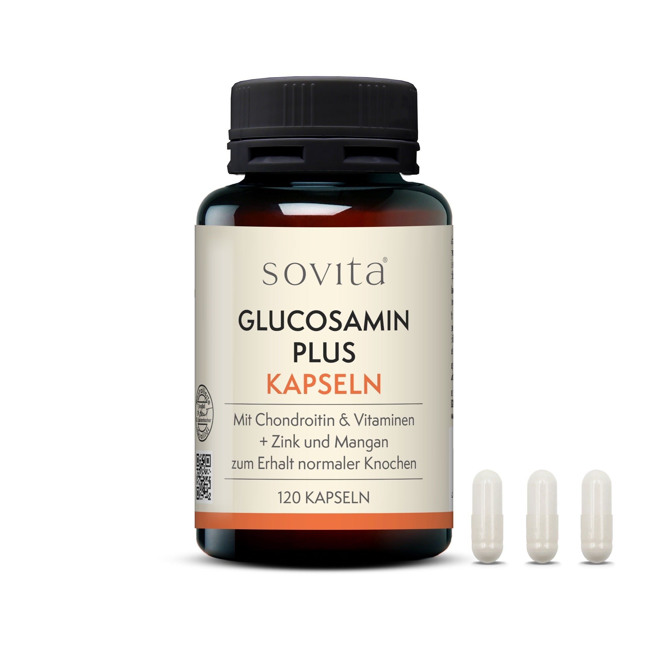Braune Glasflasche mit sovita Glucosamin Plus Kapseln und drei Kapseln daneben. 120 Kapseln.