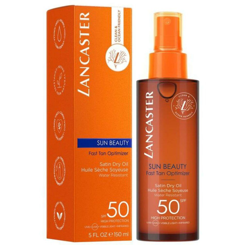 Lancaster Sun Beauty Dry Oil SPF50. Flasche und Verpackung. Text: Sun Beauty, Fast Tan Optimizer, Satin Dry Oil, 50 SPF, 5 FL OZ 150 ml.