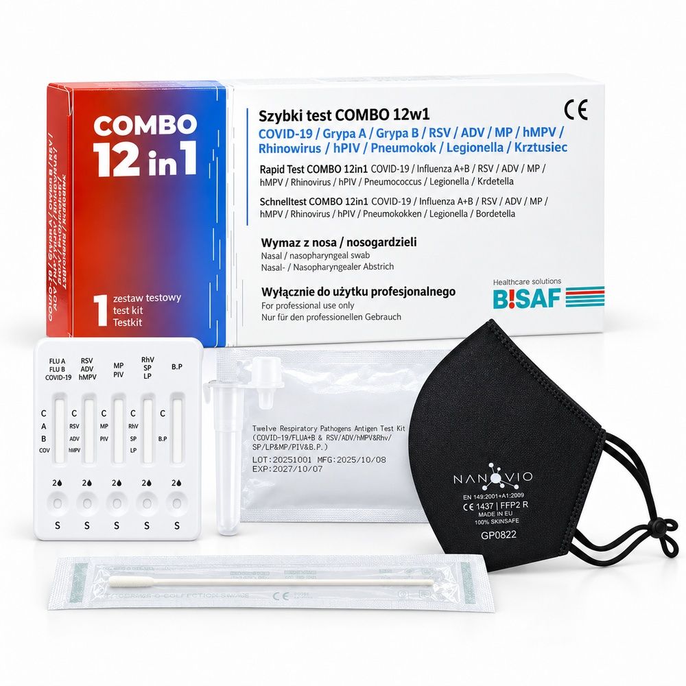 BISAF 12in1 Testkit mit Maske: Testkassette, Tupfer, Puffer, Anleitung, FFP2-Maske.