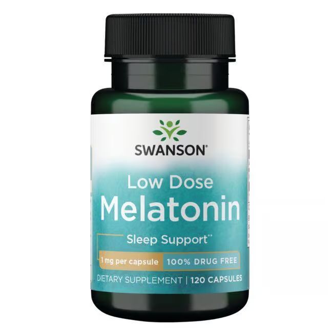 Grüne Flasche mit Kapseln. Aufschrift: SWANSON, Low Dose Melatonin, 1 mg pro Kapsel, 120 Kapseln.