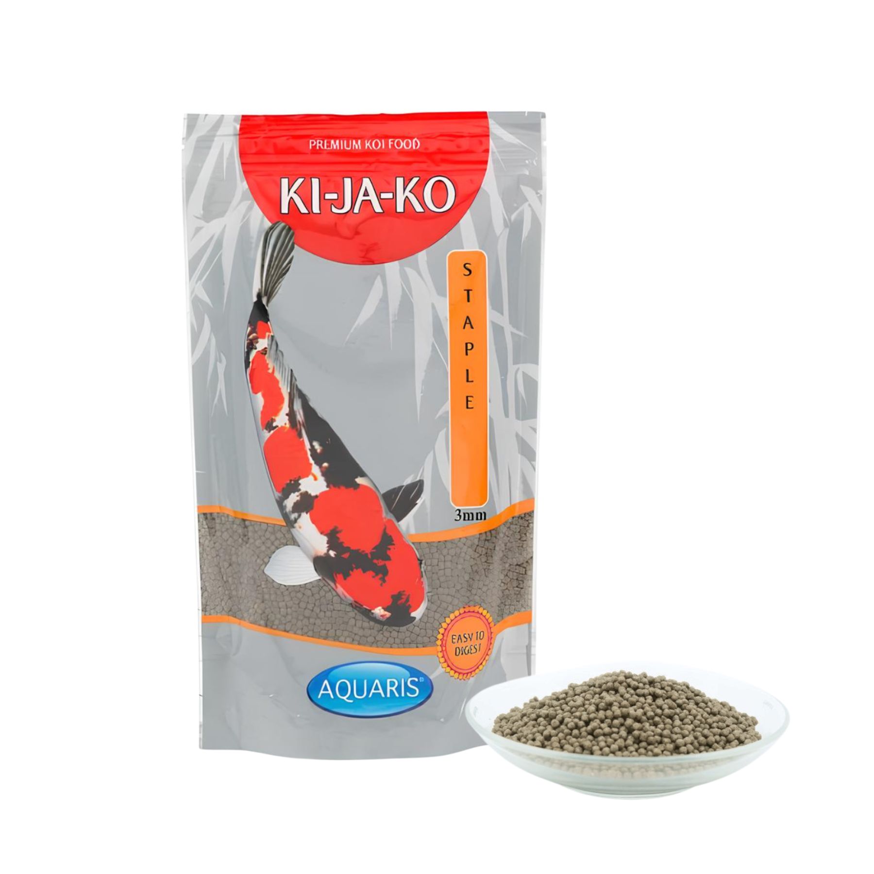 KI-JA-KO Koifischfutter Staple 1 kg / 3mm. Beutel mit Koi-Fisch-Illustration und Pellets.