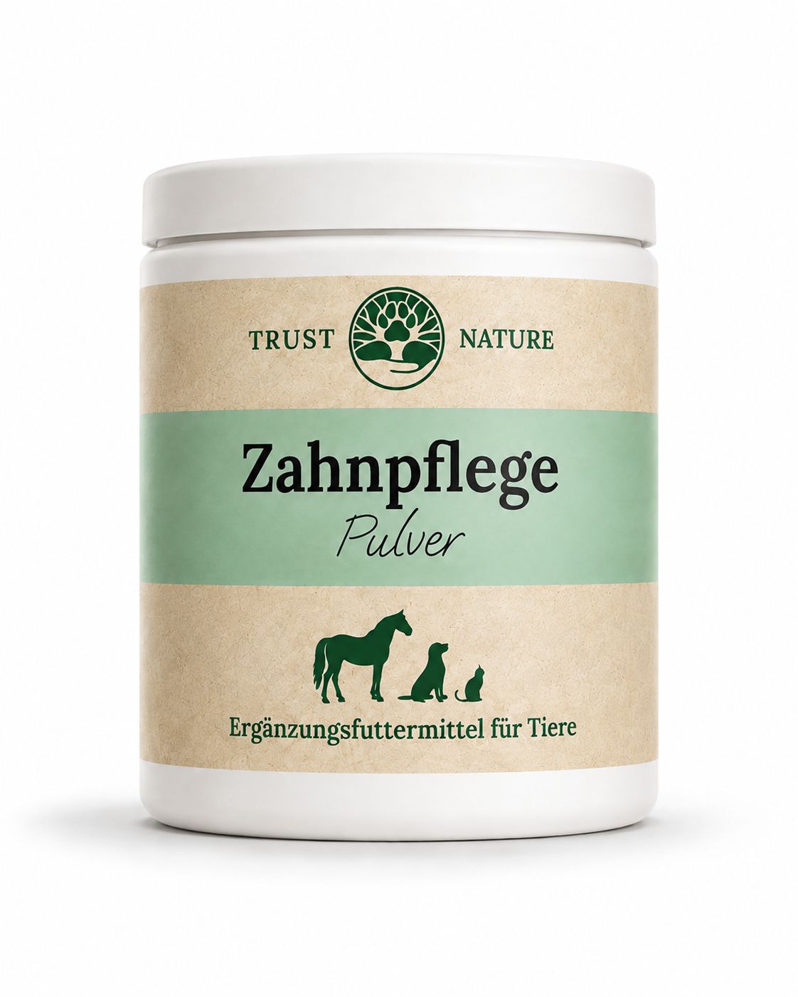 Trust Nature Zahnpflege Pulver Dose mit Tierabbildungen und Logo.