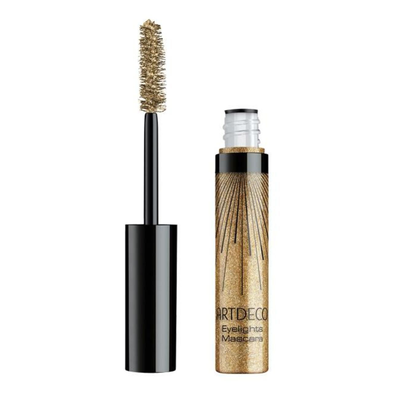 Geöffnete Mascara. Goldfarbene Bürste neben goldfarbener Hülse mit schwarzem Deckel. Schriftzug: ARTDECO Eyelights Mascara.