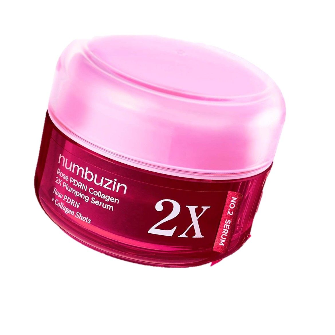 Roter Tiegel mit rosa Deckel. Aufschrift: Numbuzin, Rose PDRN Collagen, 2X Plumping Serum. Etikett: NO.2 SERUM.