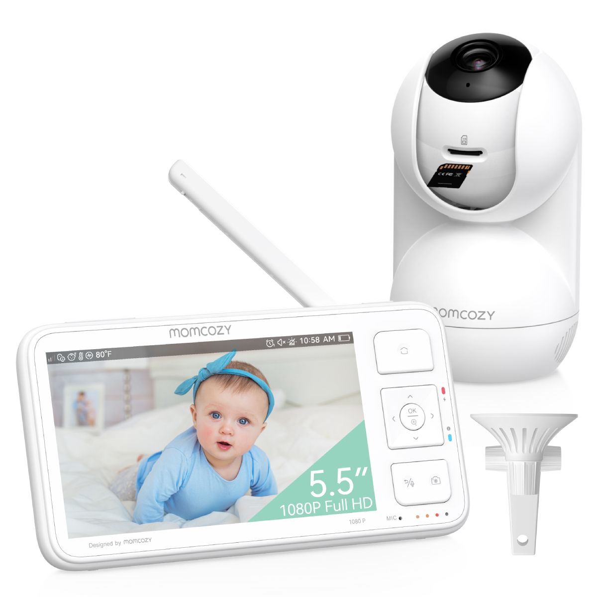 Babyphone mit 5,5" Bildschirm und Kamera. Weißes Gehäuse. Bildschirm zeigt Baby. Momcozy Logo. Wandhalterung.