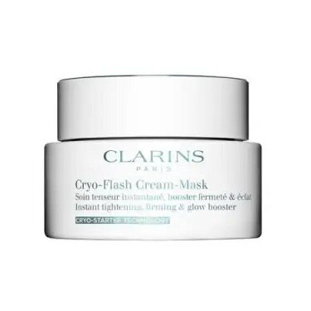 Weißer Tiegel mit Deckel. Aufschrift: Clarins, Cryo-Flash Cream-Mask. Text: Instant tightening, firming & glow booster.