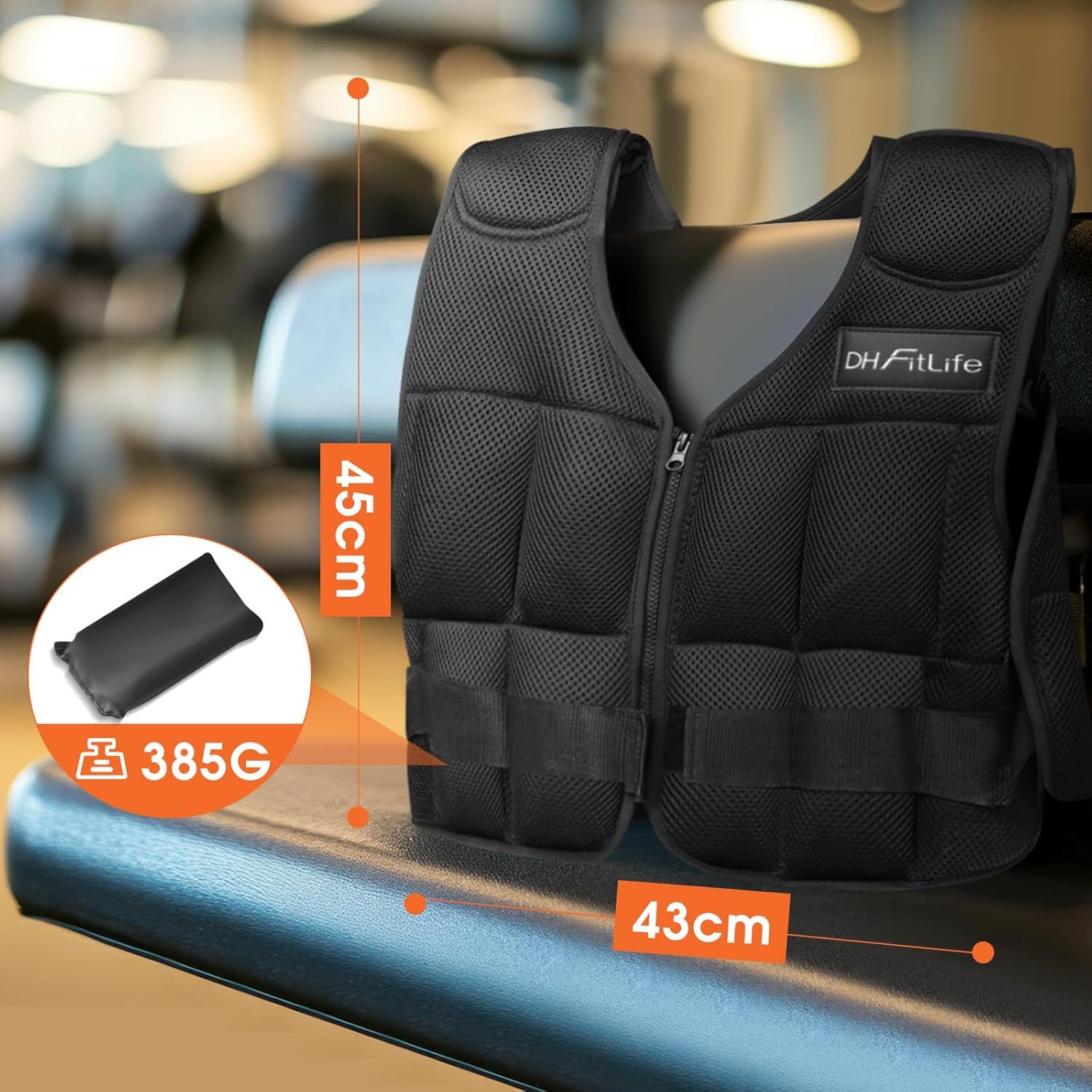 DH FitLife Gewichtsweste auf Laufband. Maße: 45cm hoch, 43cm breit. Gewicht: 385g.