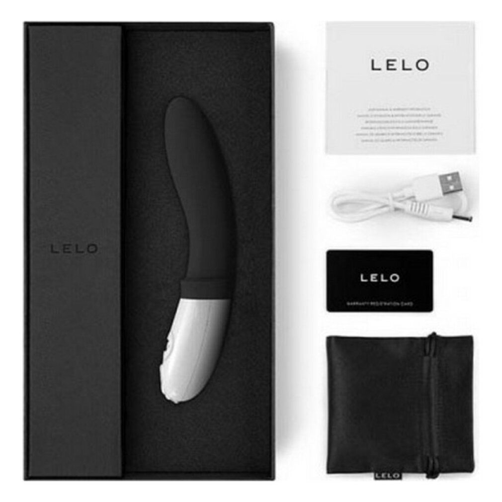 Geöffnete Box mit Prostatamassager, Zubehör. LELO-Marke, USB-Kabel, Beutel, Garantiekarte.