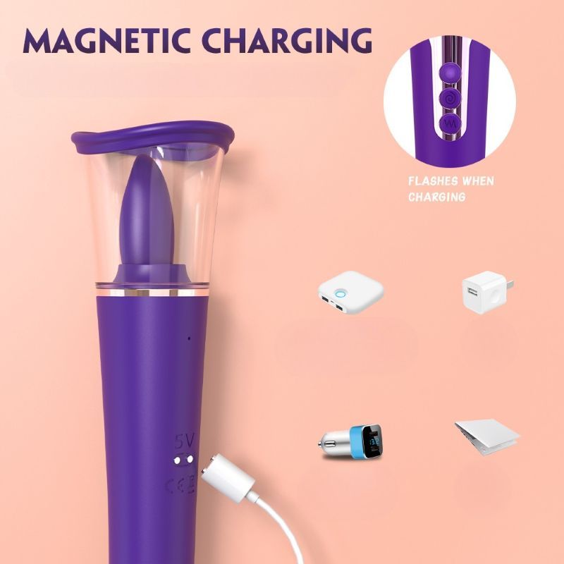 Lila Vibrator mit magnetischer Aufladung. Zubehör: Ladegeräte. Text: MAGNETIC CHARGING.
