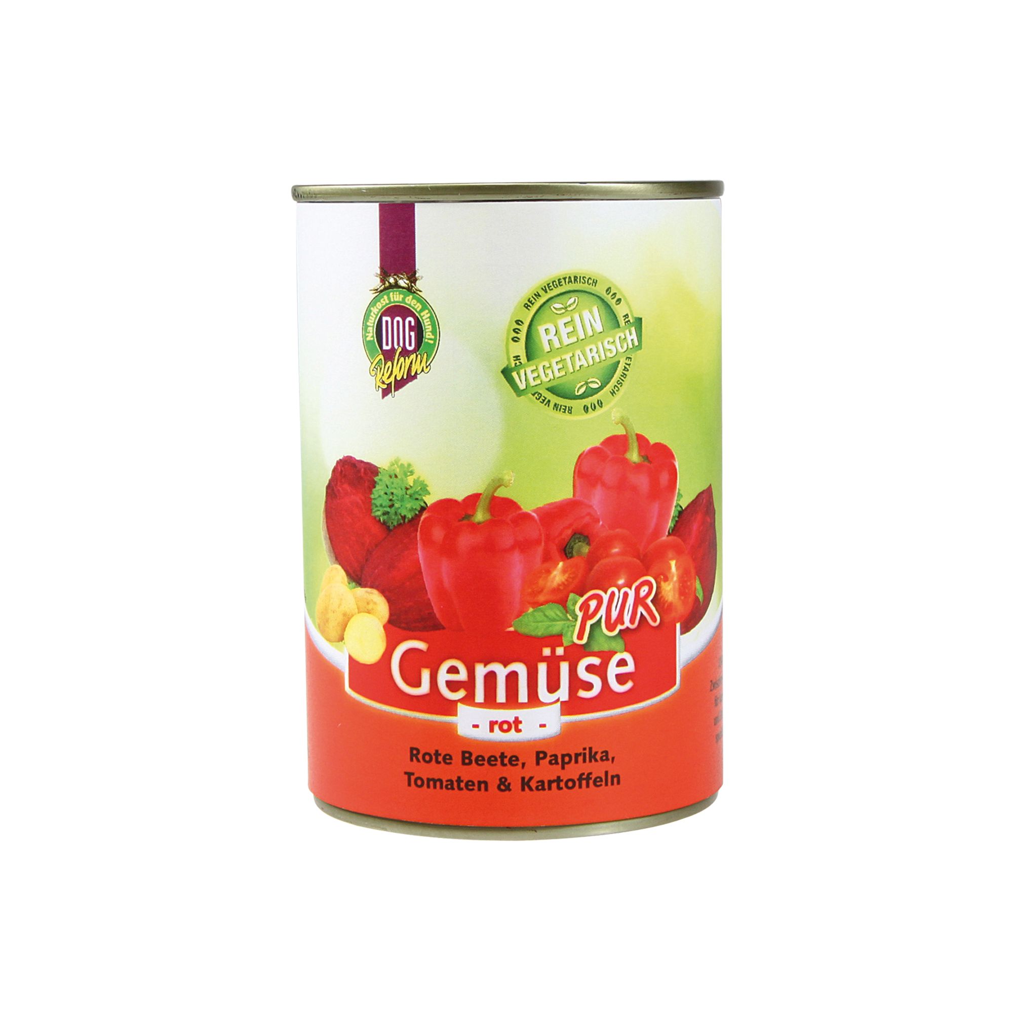 Nassfutterdose mit Gemüse-Abbildung. Aufschrift: Gemüse Pur rot. Zutaten: Rote Beete, Paprika, Tomaten & Kartoffeln. Vegetarisch.