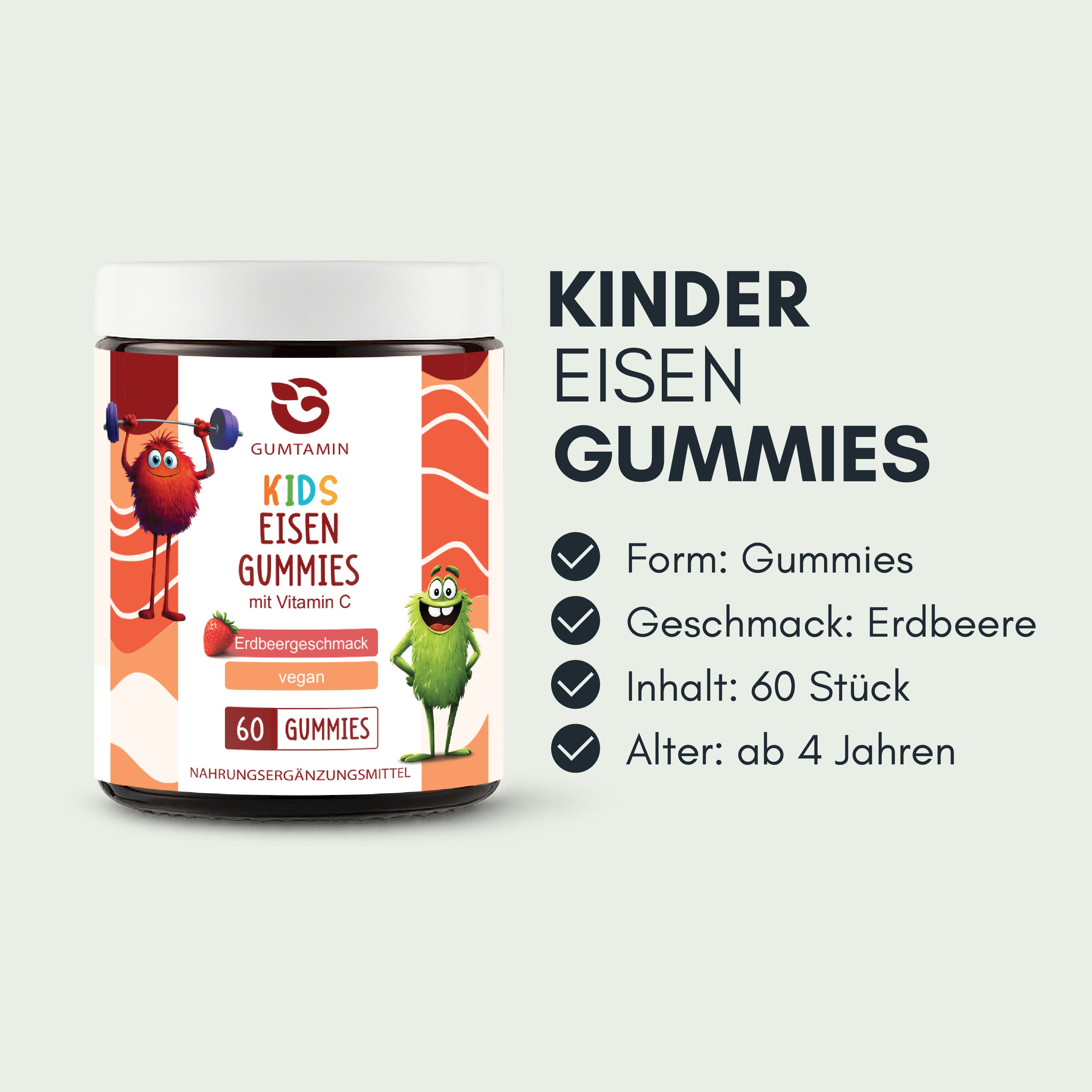 Dose 'Kids Eisen Gummies' mit Informationen zu Form, Geschmack, Inhalt und Alter.