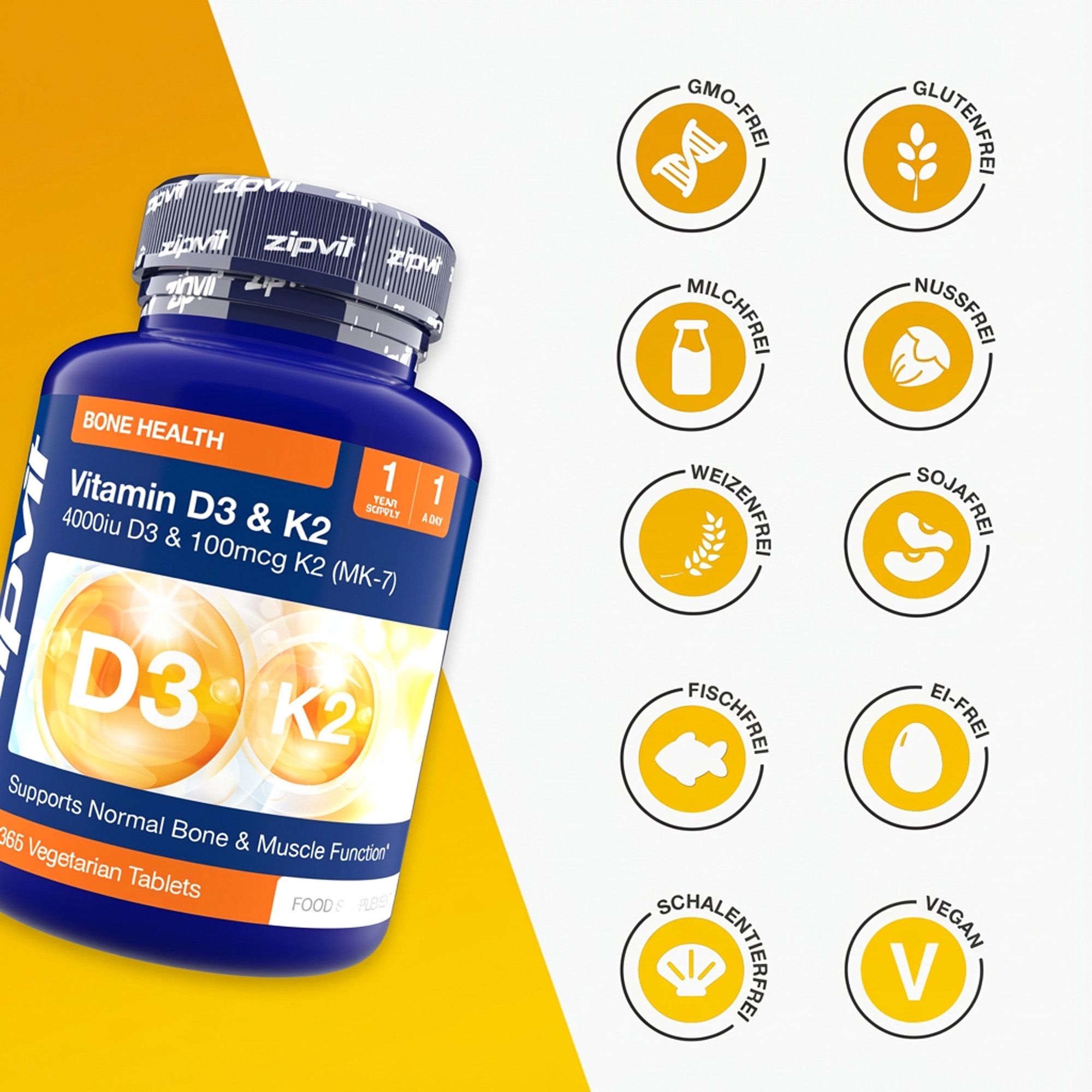 Blaue Flasche Zipvit Vitamin D3 & K2. Aufschrift: 365 vegetarische Tabletten. Logos: GMO-frei, glutenfrei, milchfrei, nussfrei, etc.