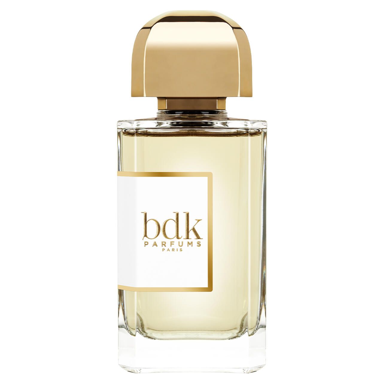 BDK Parfums Flakon. Rechteckige Glasflasche mit goldfarbenem Verschluss. Weißes Etikett mit Logo und Schriftzug.