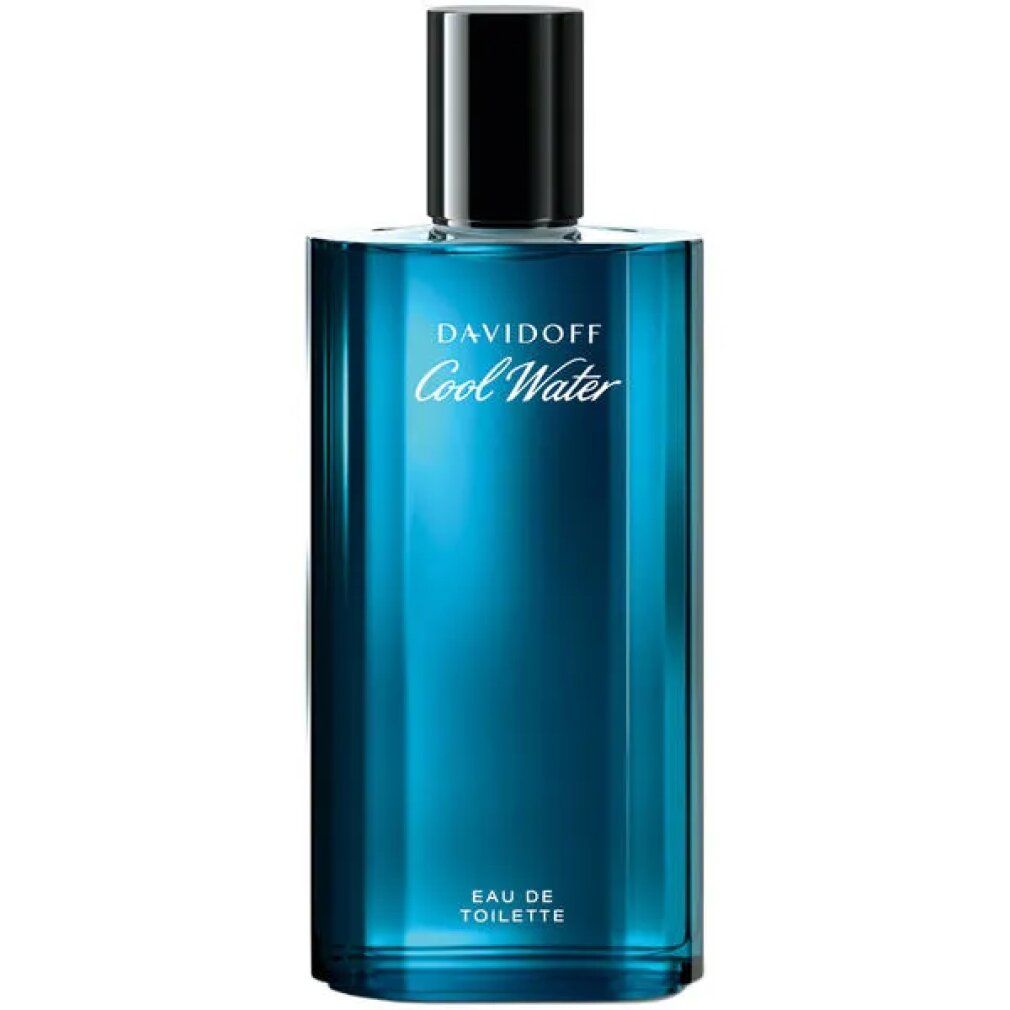 Davidoff Cool Water Eau de Toilette Spray. Blaue Flasche mit schwarzem Verschluss. Text: Eau de Toilette.