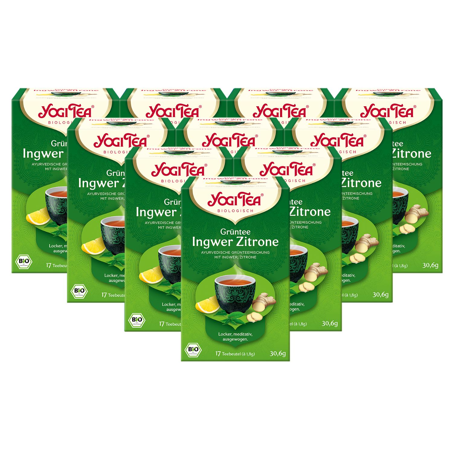 Mehrere grüne Teepackungen mit Yogi Tea Logo und Produktbezeichnung Ingwer Zitrone. Bio-Siegel. 17 Teebeutel.