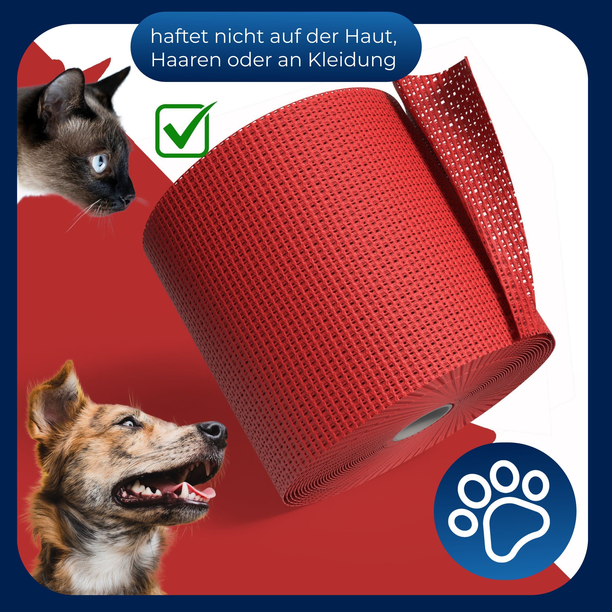 Rolle roter, kohäsiver Haftbandage. Text: 'haftet nicht auf der Haut'. Katze und Hund. Pfoten-Symbol.