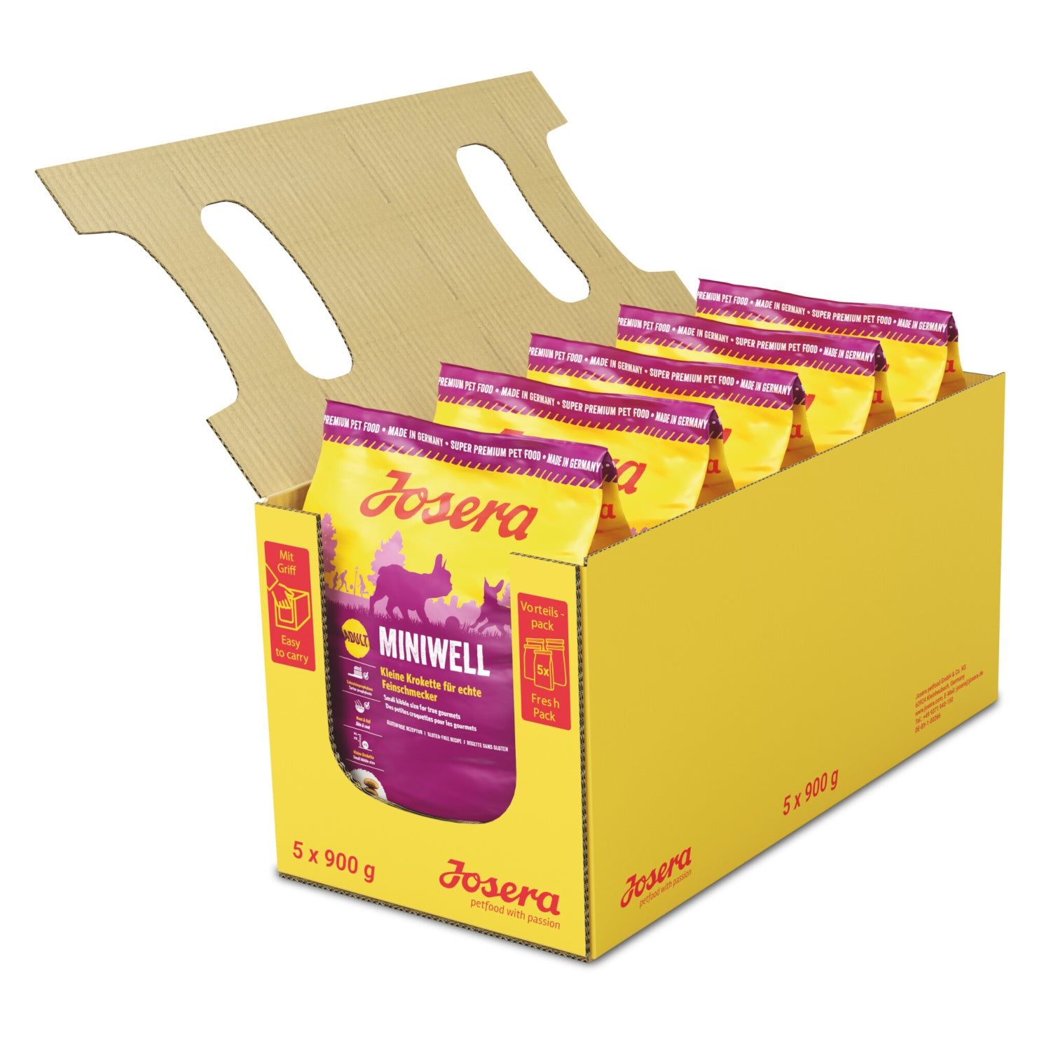 Gelber Karton mit 5 Josera Miniwell-Beuteln. Aufdruck: Miniwell, 5 x 900 g. Karton mit Tragegriff.