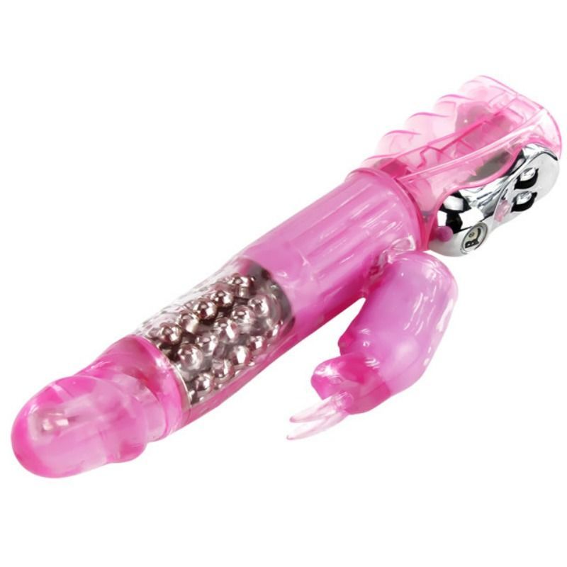 Rosa Vibrator mit transparentem Schaft und silbernen Akzenten. Enthält Kugeln und einen separaten Aufsatz.