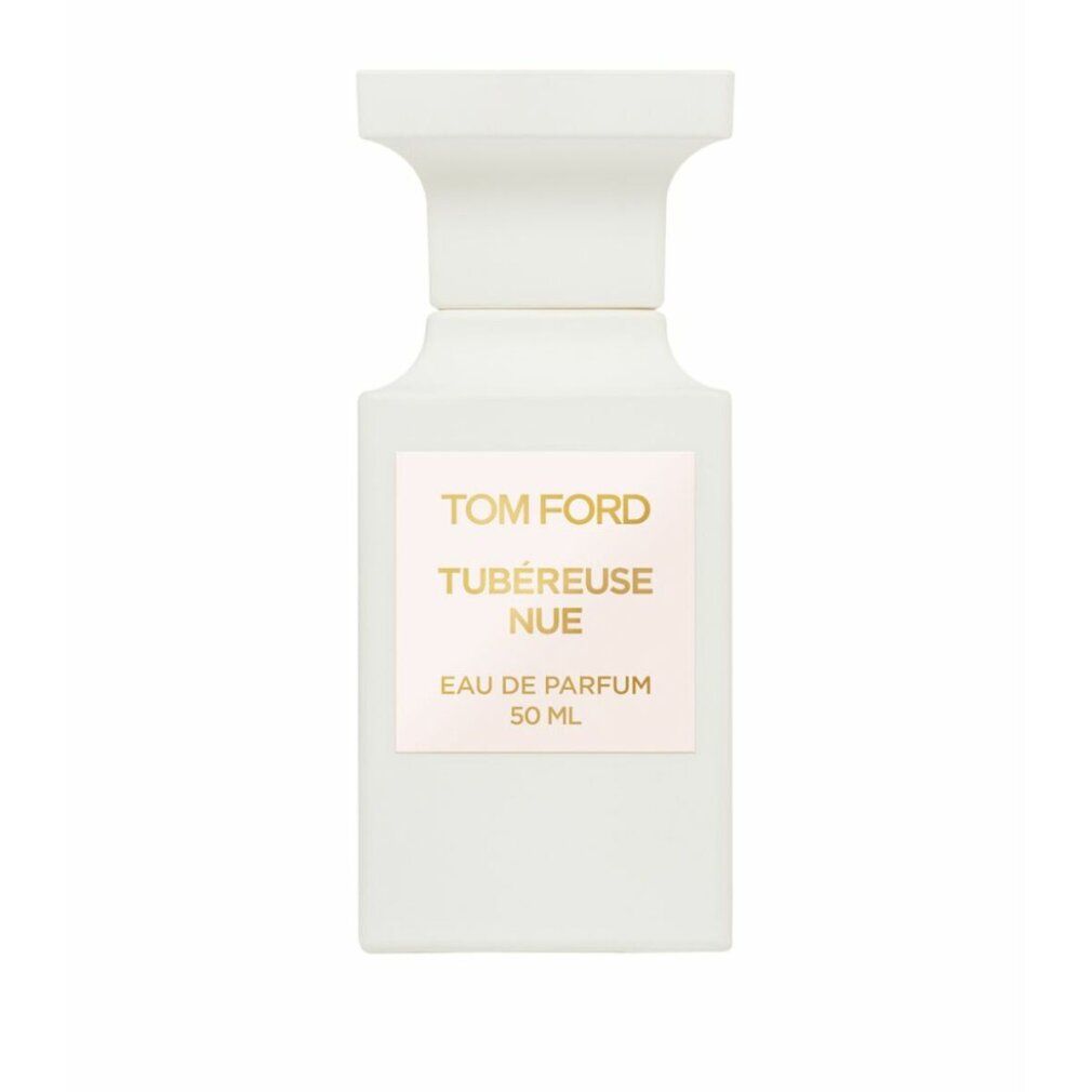 Weiße Flasche. Aufschrift: TOM FORD TUBÉREUSE NUE Eau de Parfum 50 ml. Flakon mit quadratischem Etikett.