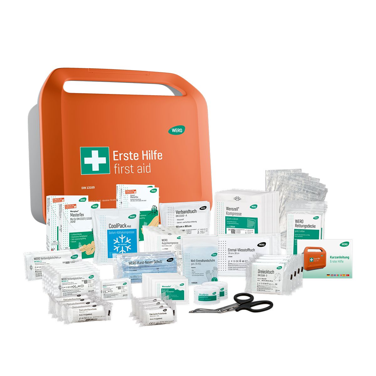 Erste-Hilfe-Koffer mit Inhalt. Koffer, Verbandsmaterial, Schere. Marke WERO.