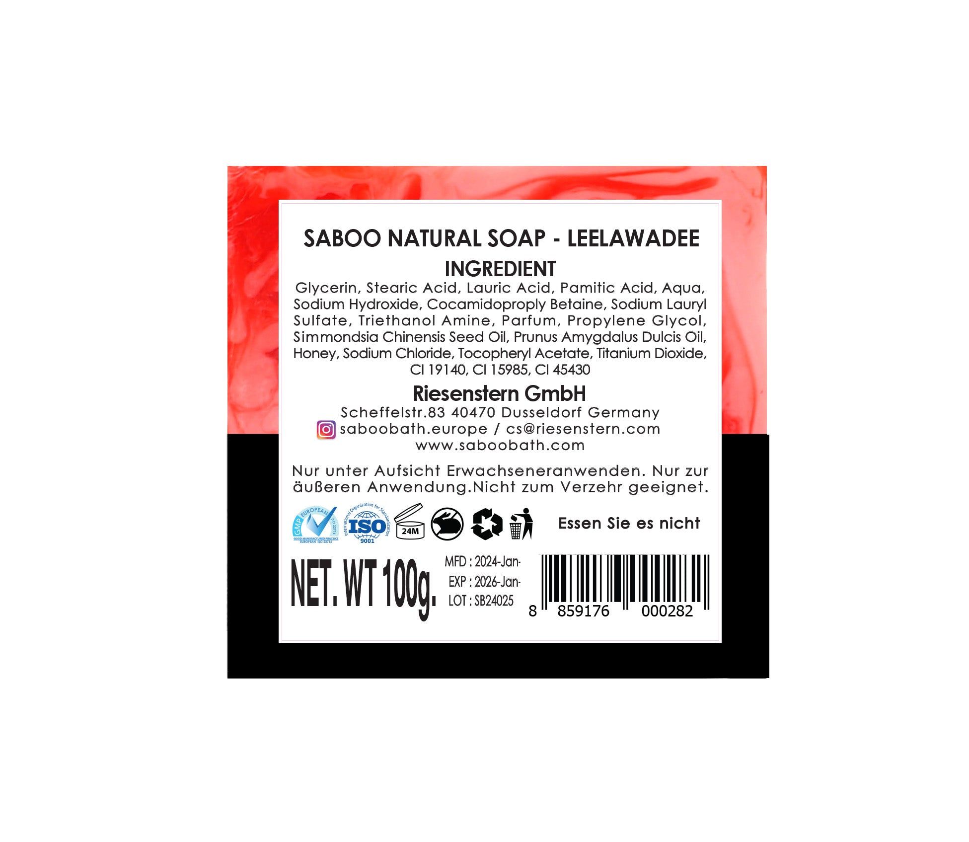 Rückseite der Seife. Text: Saboo Natural Soap - Leelawadee, Zutaten, Netto-Gewicht 100g, ISO-Zertifizierung, Kontaktinformationen.