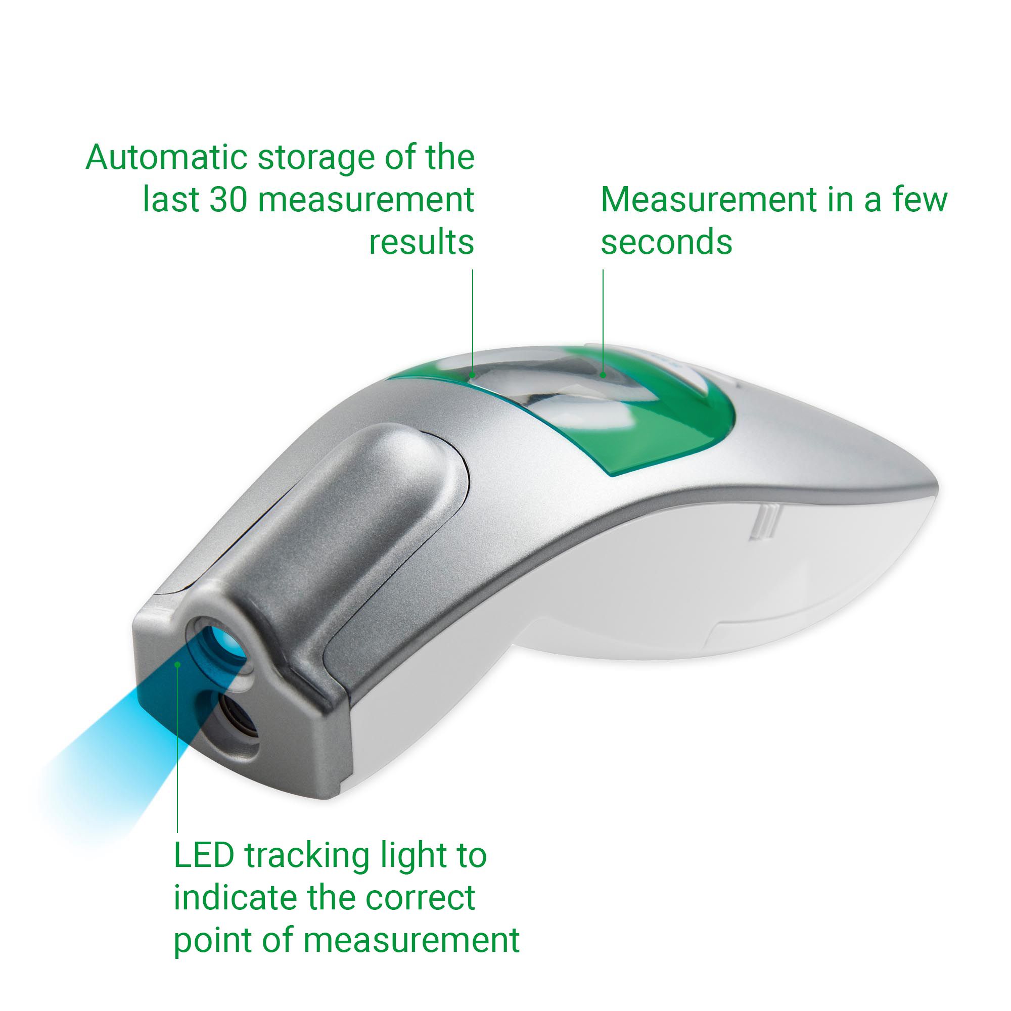 Contactloze thermometer. Toont LED-licht, meting in seconden en opslag van laatste 30 resultaten.