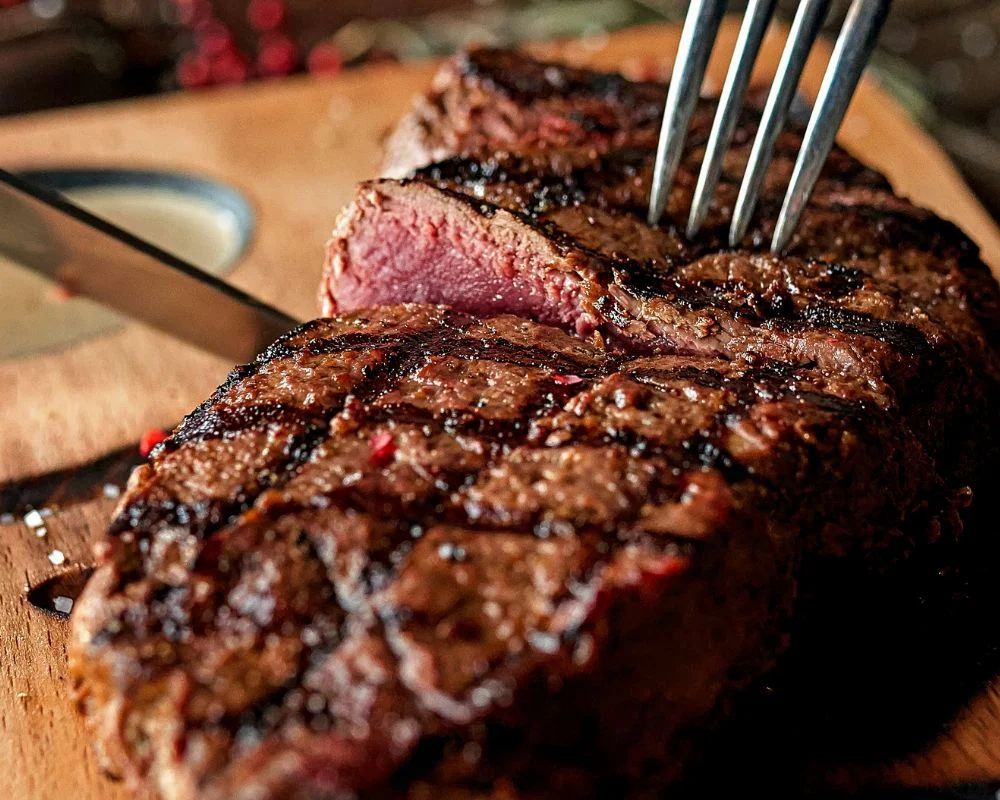 Bistecca grigliata su un tagliere di legno. Carne con segni di griglia, forchetta e coltello accanto.