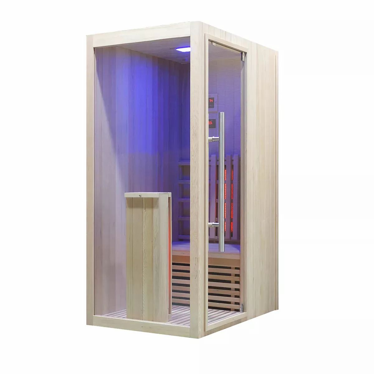 Infrarotsauna aus Holz mit Glastür. Türposition rechts. Innenraum mit Sitzbank und Infrarotstrahler.