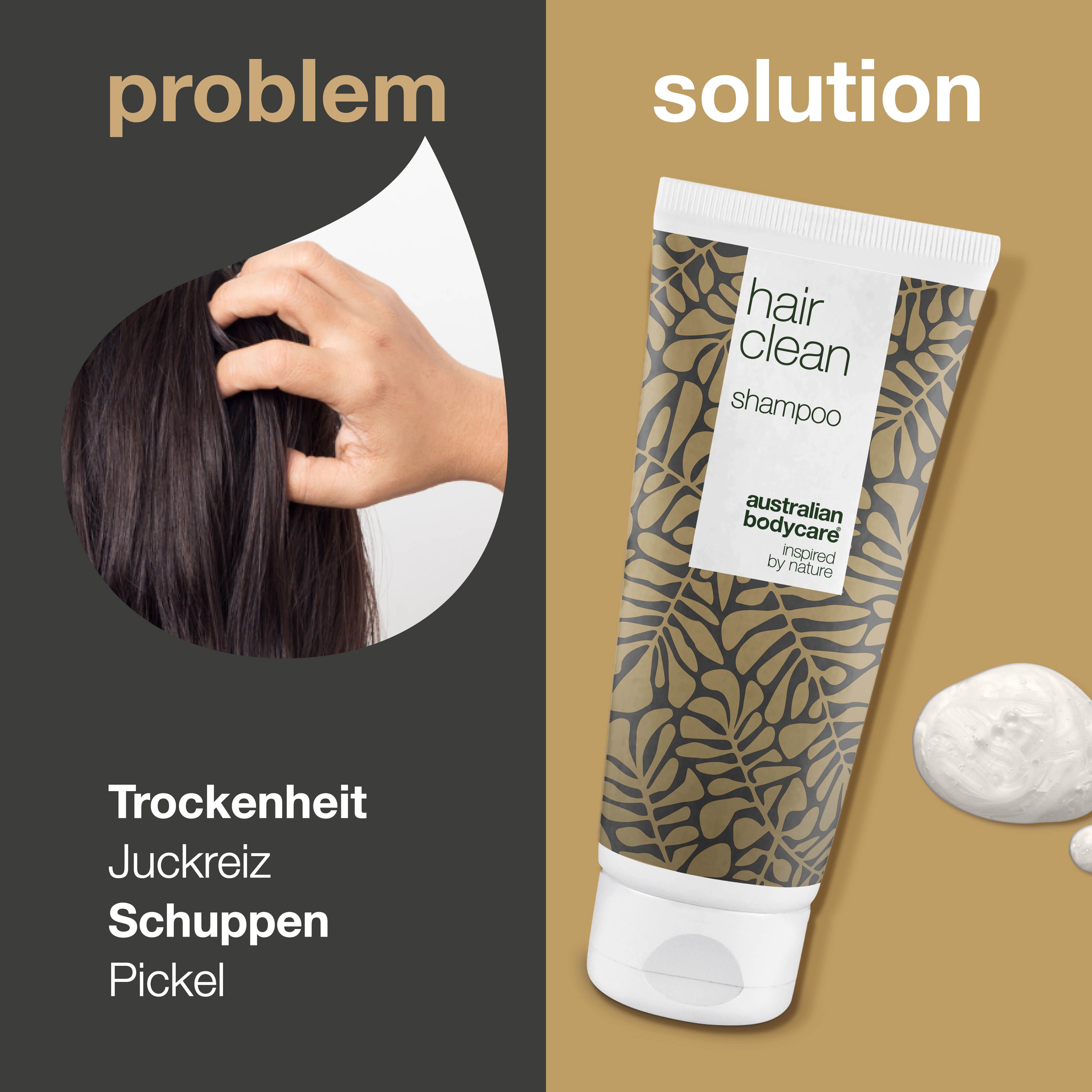Haarproblem und Lösung. Aufschrift: hair clean shampoo, australian bodycare.