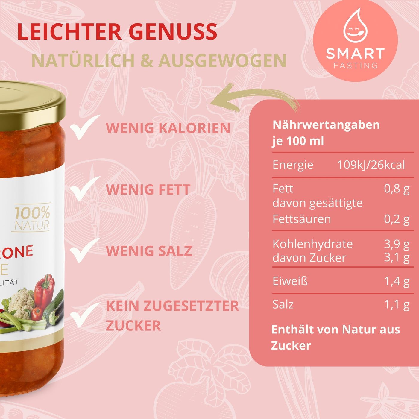 Glas Smart Fasting Minestrone Suppe. Aufschrift: Wenig Kalorien, wenig Fett, wenig Salz, kein zugesetzter Zucker. Nährwertangaben.