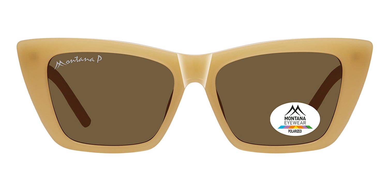 Sonnenbrille mit braunen Gläsern und beigem Rahmen. Logo von Montana Eyewear auf dem Glas. Polariert.