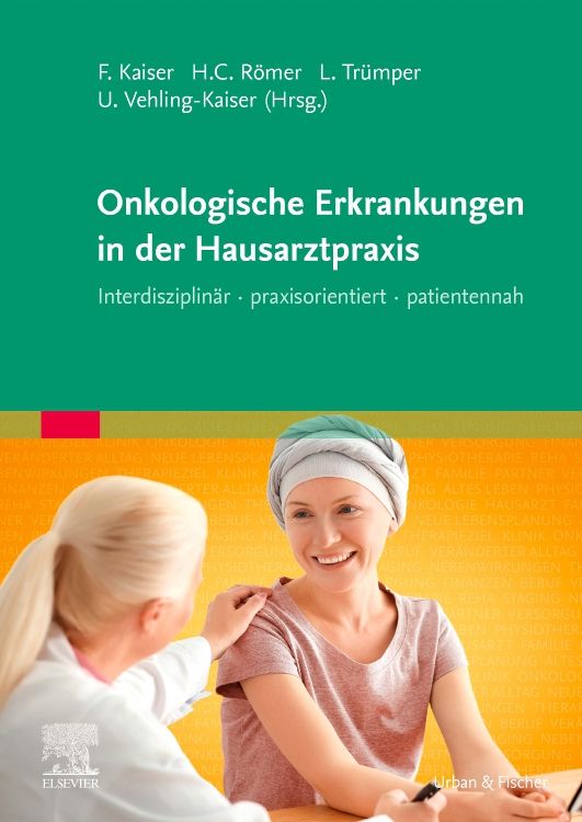 Buchcover: Onkologische Erkrankungen in der Hausarztpraxis. Titel, Autoren, und Logo von Elsevier und Urban & Fischer sichtbar. Frau mit Arzt im Gespräch.