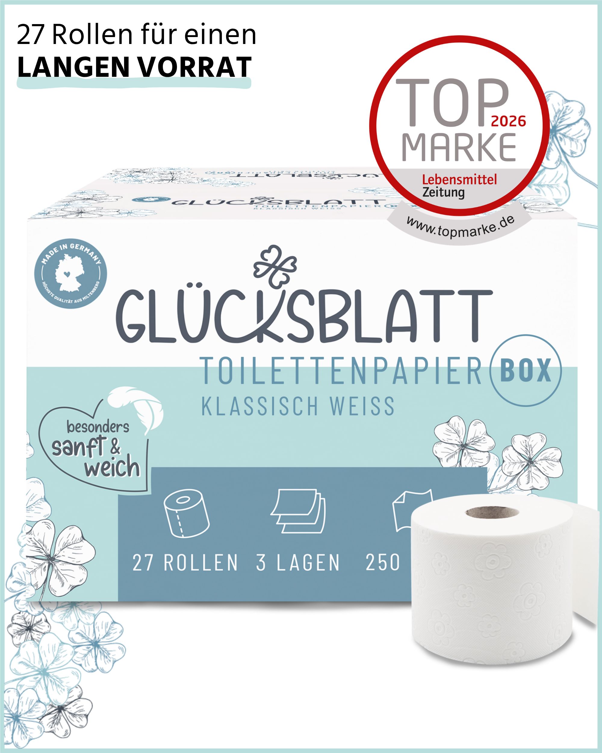 Toilettenpapier-Box. 27 Rollen, 3 Lagen, 250 Blatt. Klassisch weiß. Top Marke 2026. Besonders sanft & weich. Hergestellt in Deutschland.