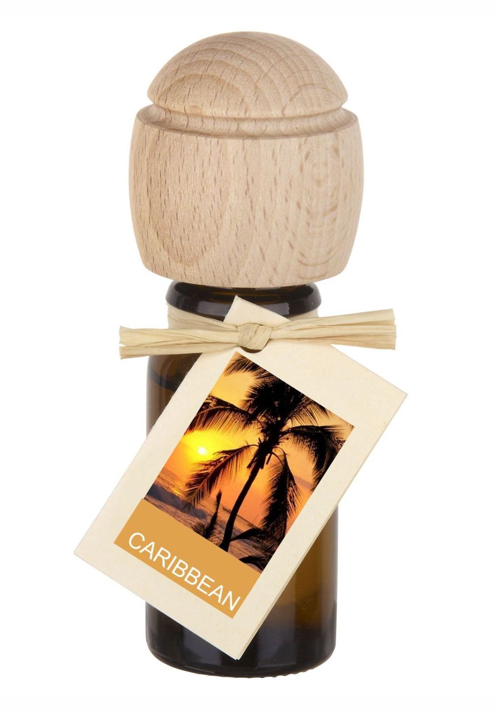 Braune Glasflasche mit Holzverschluss und Anhänger. Anhänger mit Sonnenuntergang und Text: CARIBBEAN.
