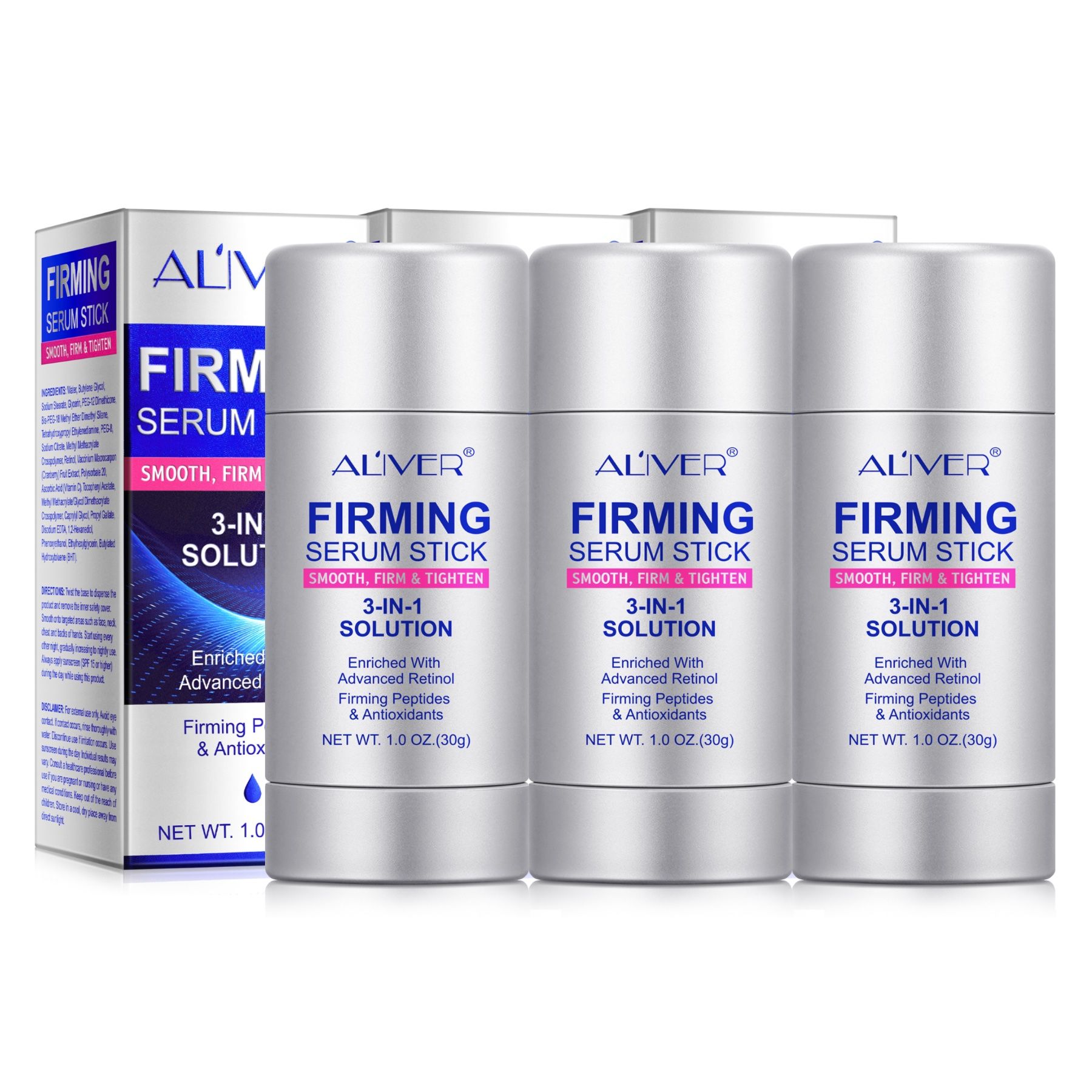 Drei ALIVER Firming Serum Sticks in Verpackung. Zylinderförmige Behälter mit blauer Schrift. 3-in-1 Lösung.