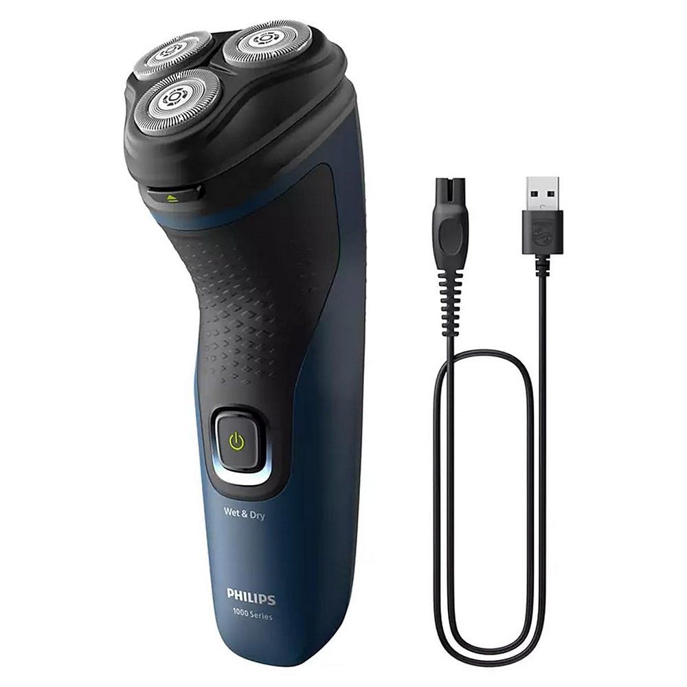 PHILIPS Rasierer S1151/00 mit Ladekabel, zeigt drei rotierende Scherköpfe.