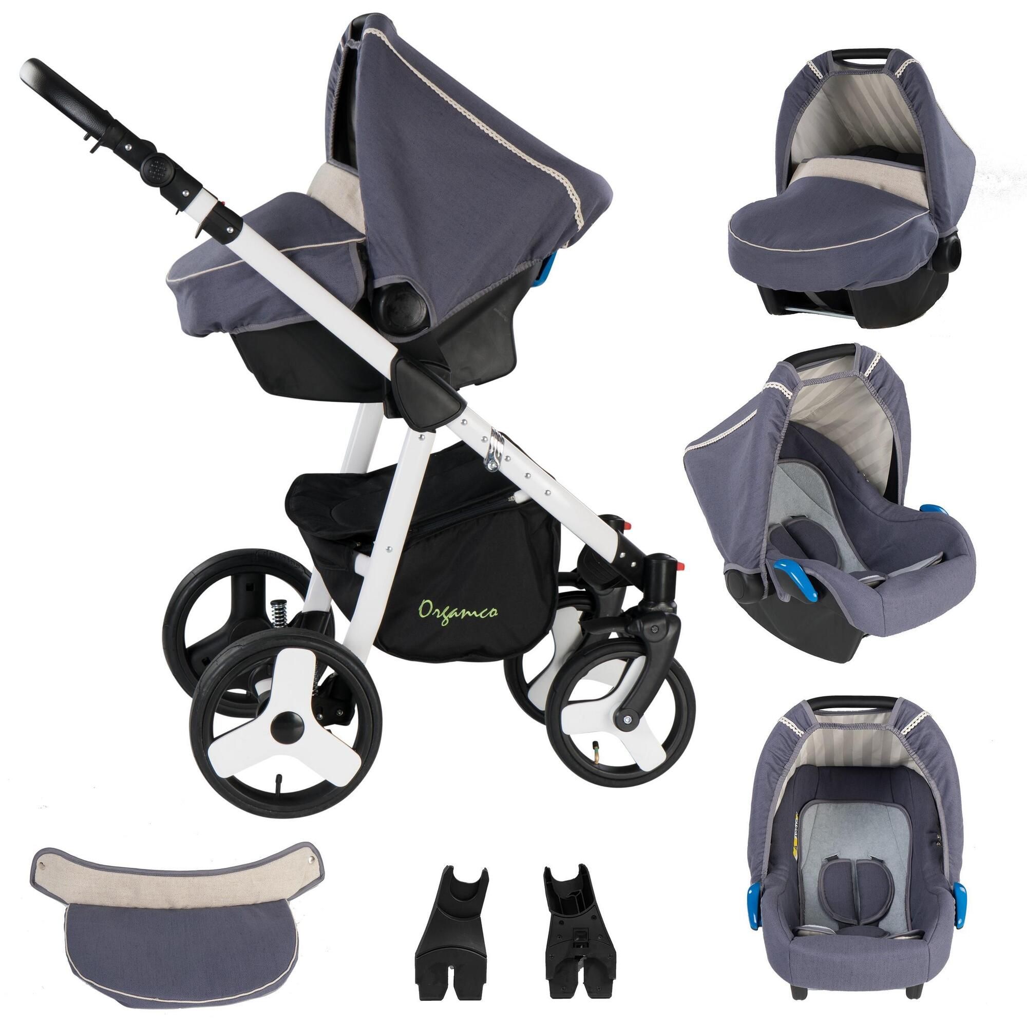 Kinderwagen-Set, grau-weiß. Enthält: Babywanne, Babyschale, Adapter. 'Organico' Schriftzug.